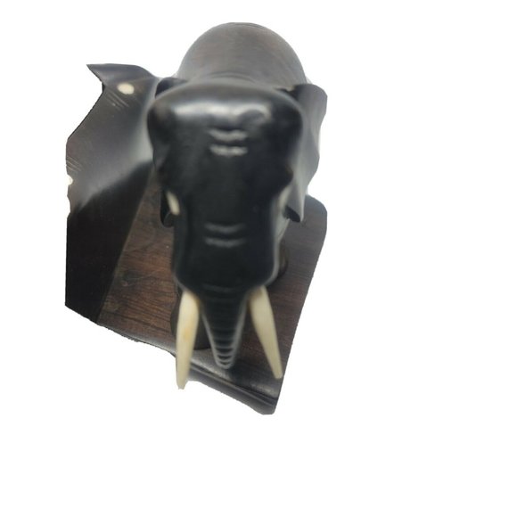 ELEPHANT | Hand Carved wood sculpture w/Tusks Dark wood with attached Dish - Picture 11 of 11